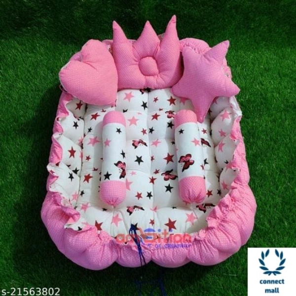 Unique Newborn Baby Rectangular Tub Bedding Set, Reversible Bed Set Cum Mattress with 3 Multi Shape Pillows for Newborn to Toddlers (Pink & Blue) - Cotton, Rectangular, Mutipack of1